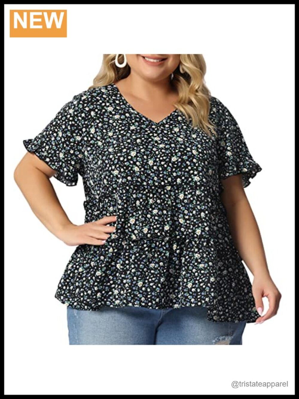 Plus Size V Neck Floral Boho Blouse Short Sleeve Ruffle Cuff Tiered Babydoll